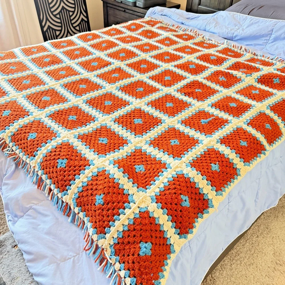 Vintage Granny Square Crocheted Handmade Colorful Blanket Afghan 74